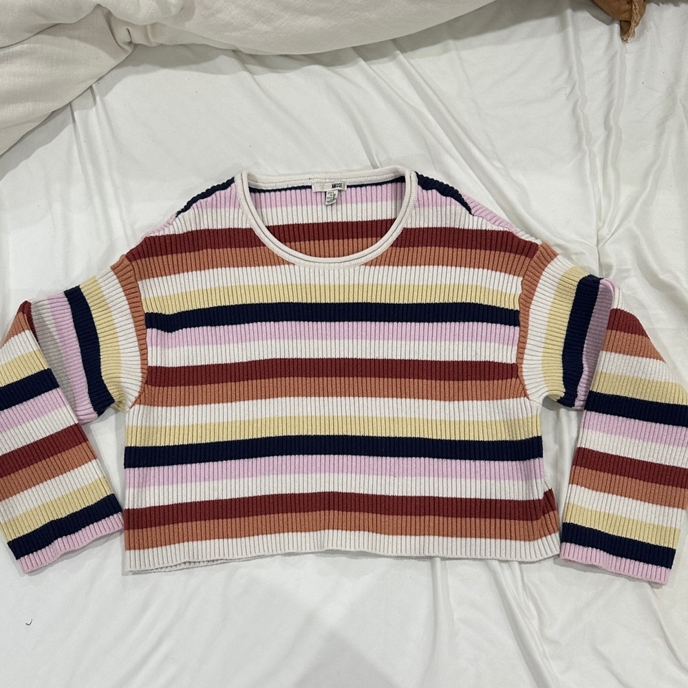 Amuse Society Ribbed Stripe Crop Sweater - Pink, Navy, Rust & Cream